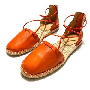 Eileen Fisher Leather Espadrille Flats Crisscross Straps Size 7.5 Vibrant Orange